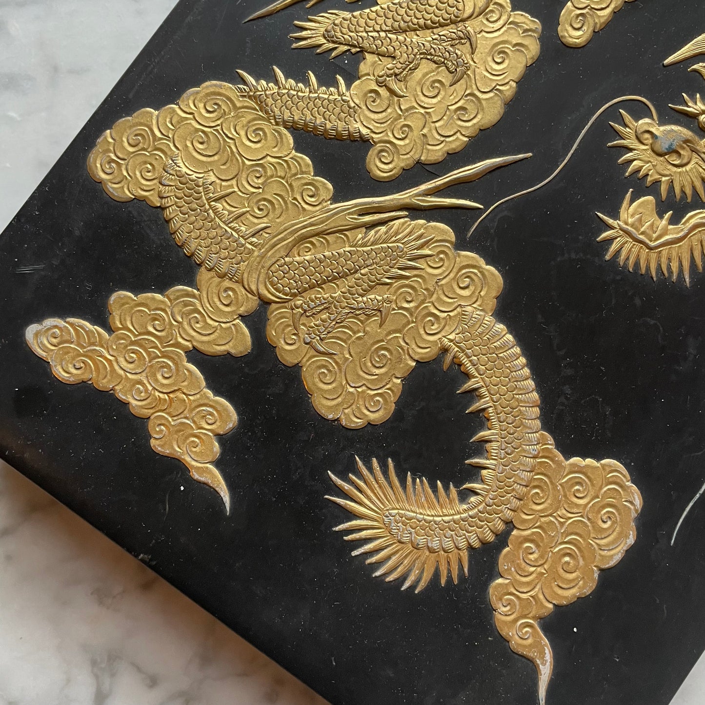 Antique Chinese Black Lacquer Box with Gold Dragon