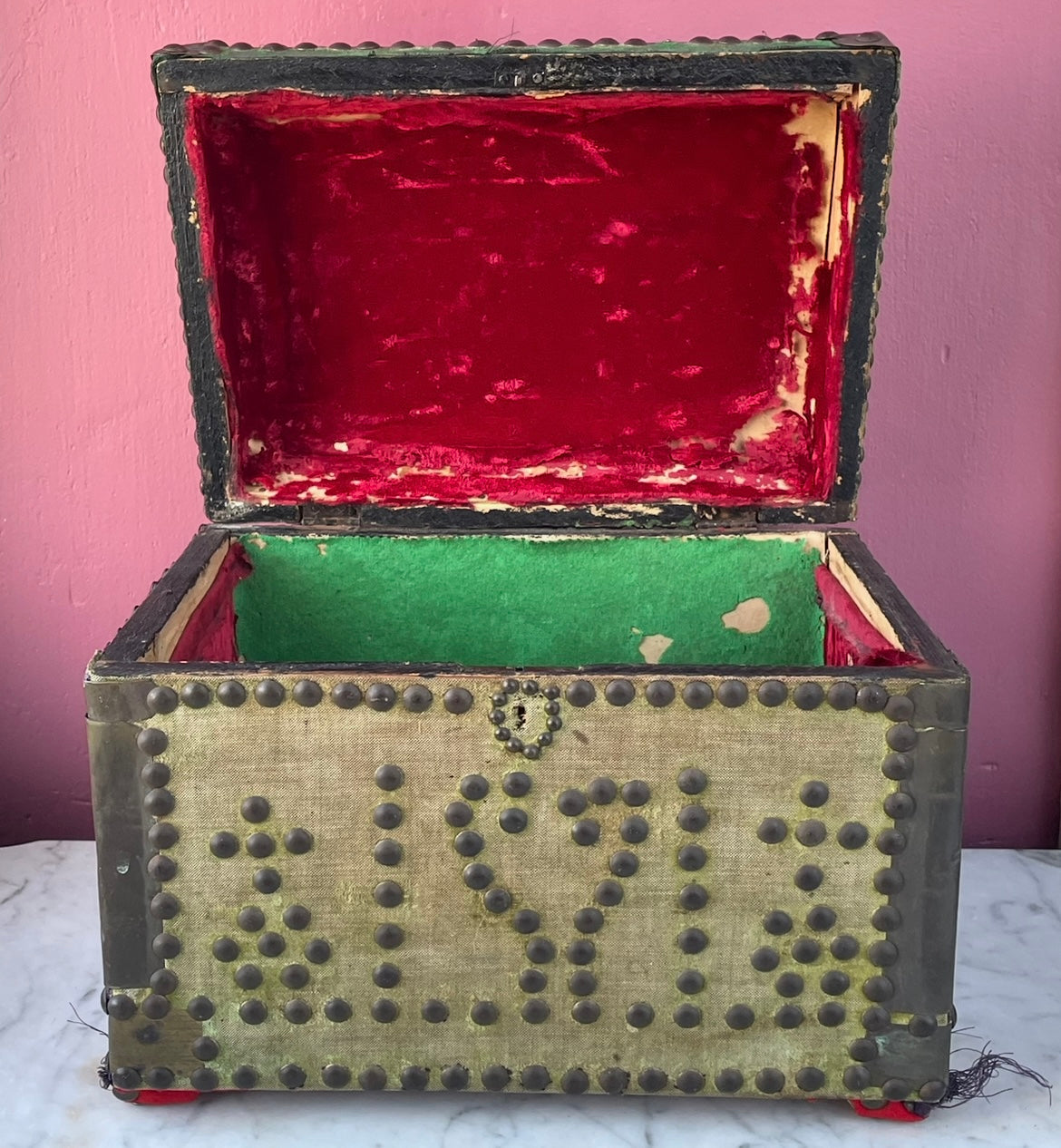 Medieval Revival Antique Velvet Tack Trunk