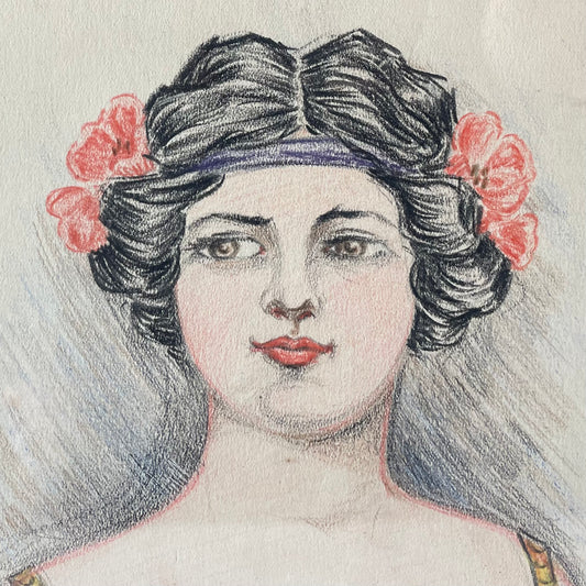Belle Époque Beauty | Antique Crayon Sketch | 1908