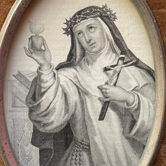 Antique Saint Catherine Engraving in Velvet Frame