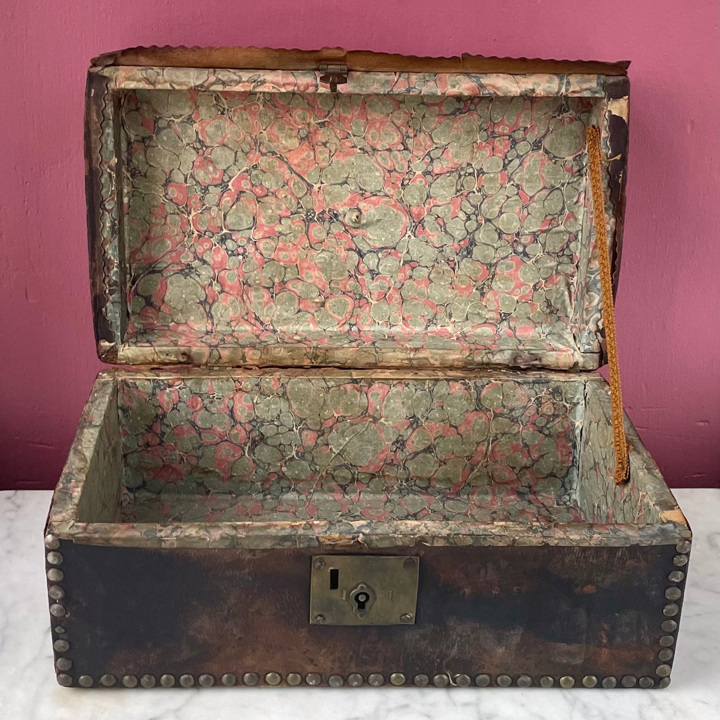 Antique Leather Tack Trunk with Marbled Paper Interior