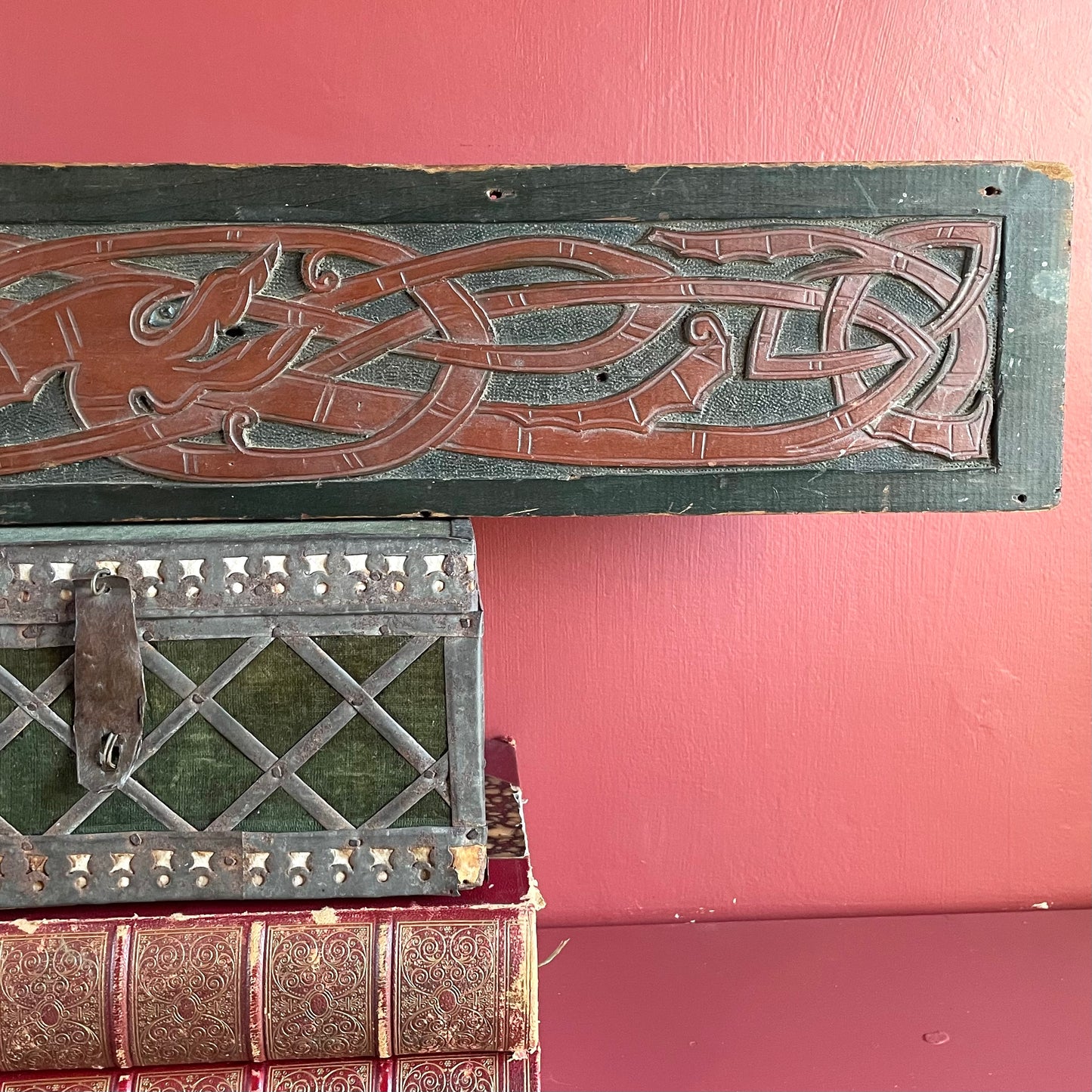 Antique Carved Wood Celtic Dragon Panel