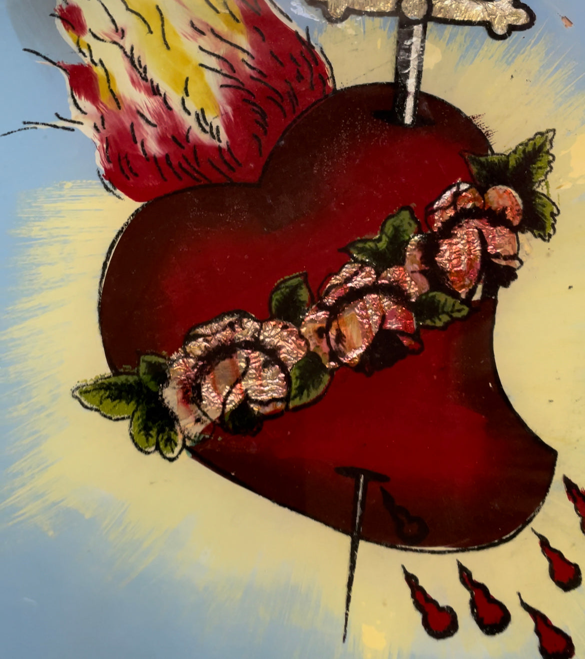 Antique Sacred Heart of Mary & Jesus | Reverse Glass Painting with Tinsel Foil