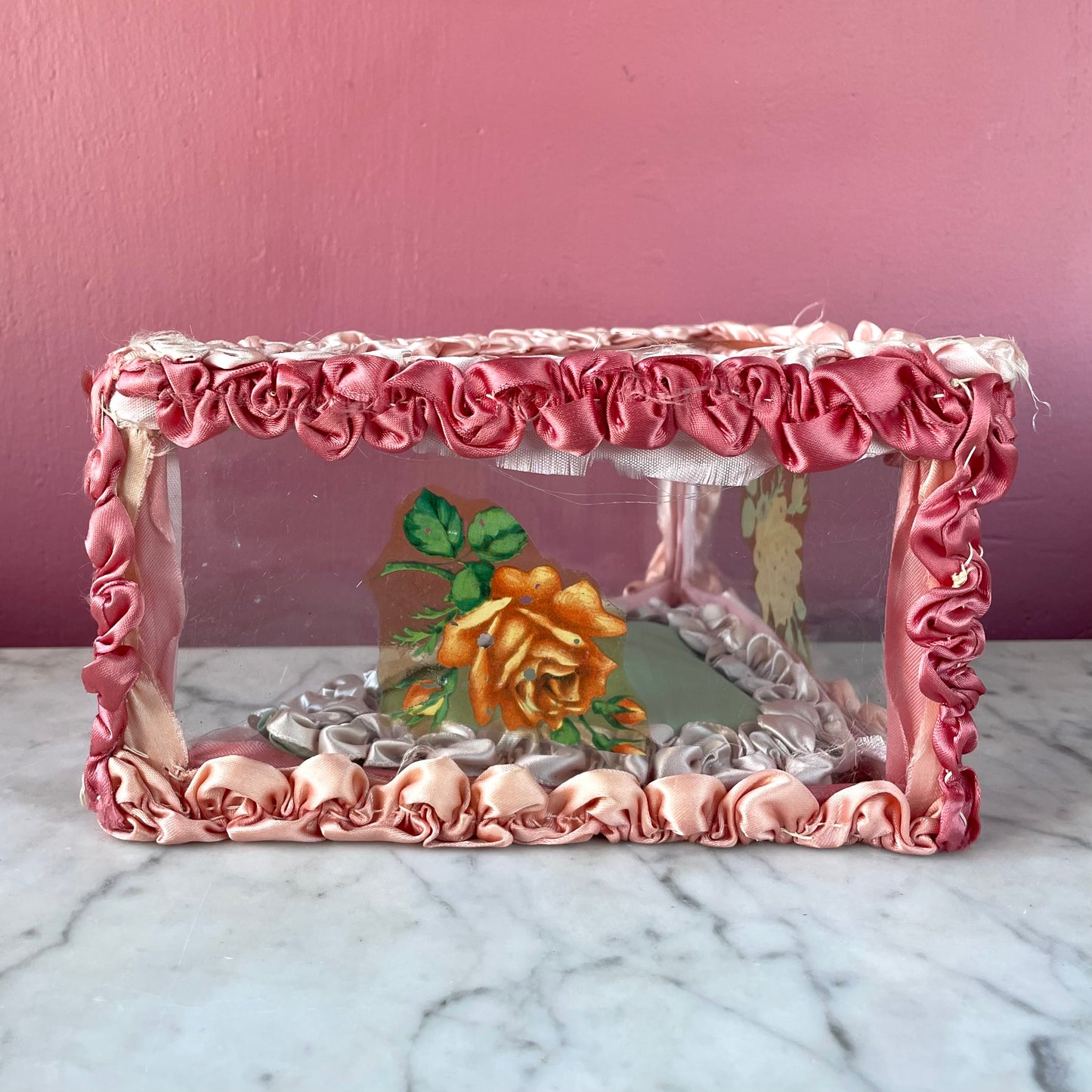 Antique Glass & Ribbonwork Handkerchief Box