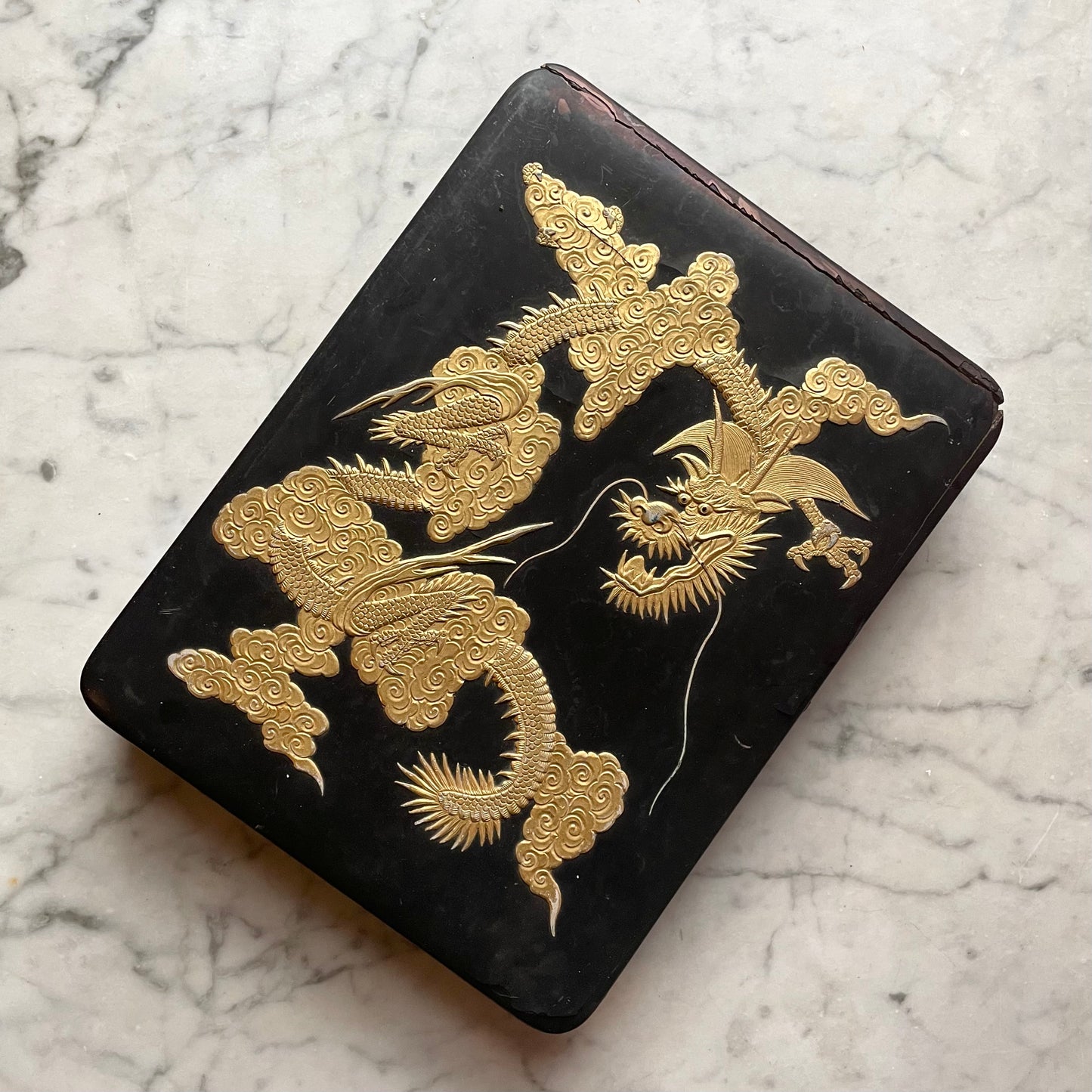 Antique Chinese Black Lacquer Box with Gold Dragon