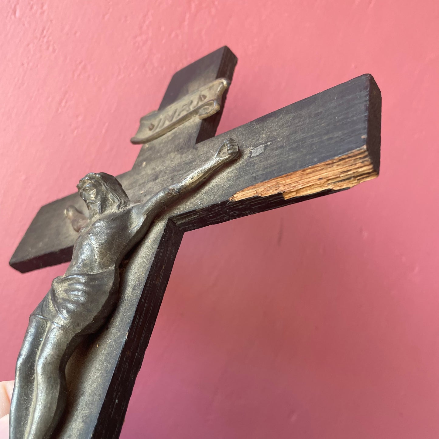 Antique Black Wood Crucifix with Cherub