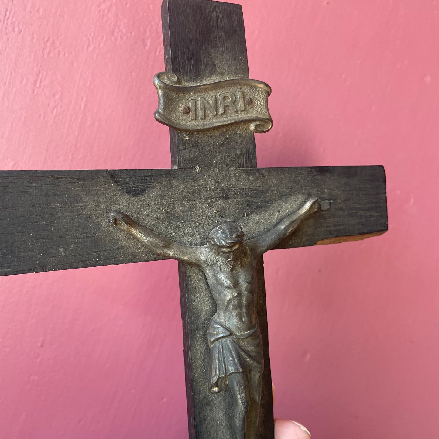 Antique Black Wood Crucifix with Cherub