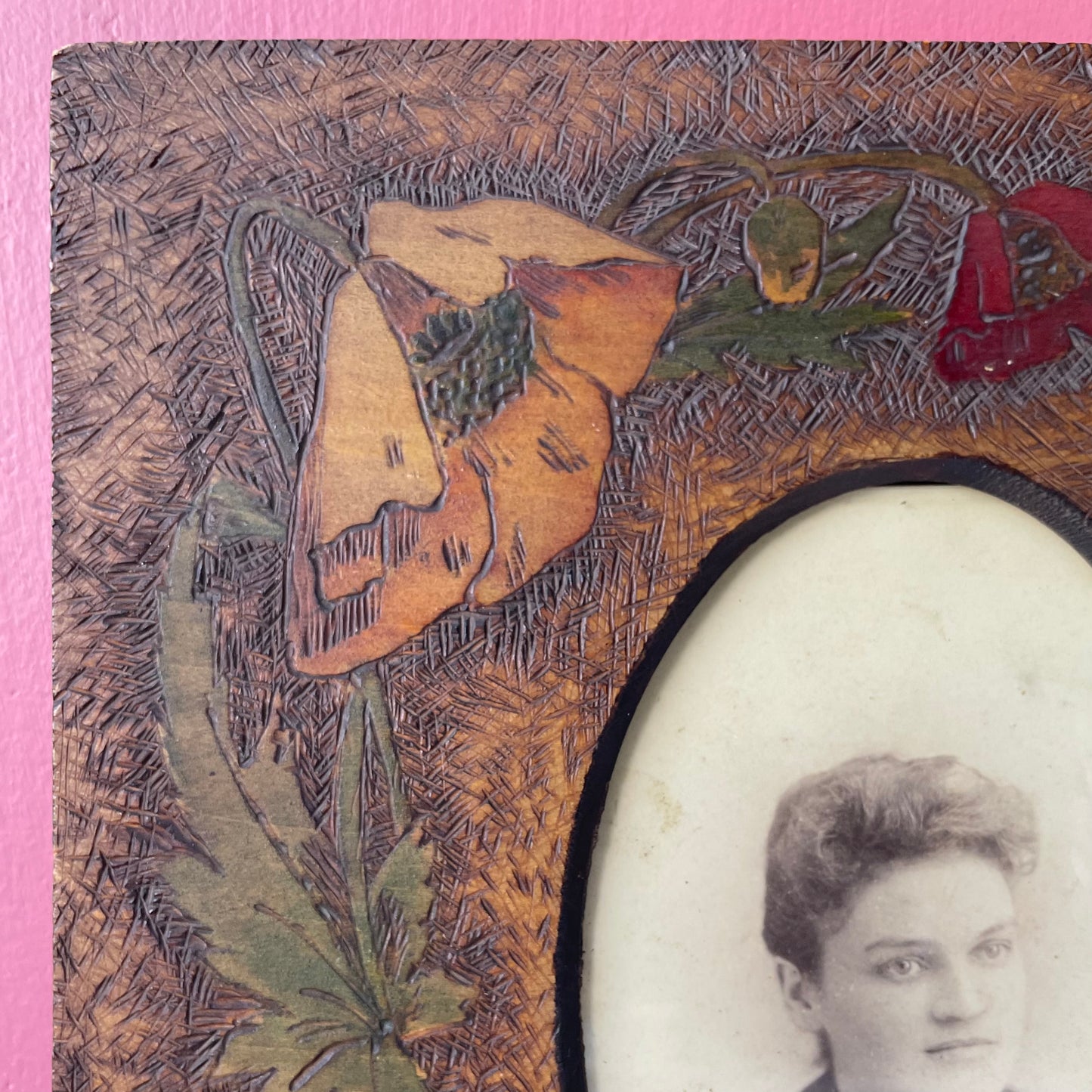 Antique Poppy Pyrography Frame
