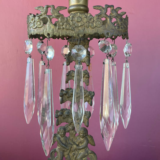 Victorian Cherub Girandoles with Crystal Drops on Marble Base