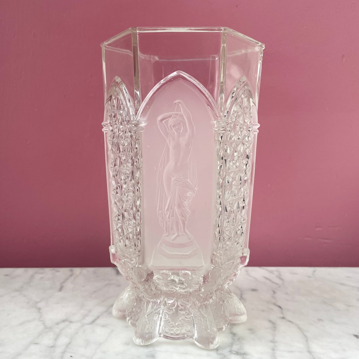 Victorian Pressed Glass Vase with Classical Figures | EAPG | Gillinder & Sons