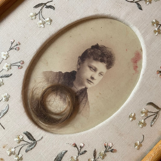Victorian Cabinet Card in Embroidered Mat & Frame with Lock of Hair