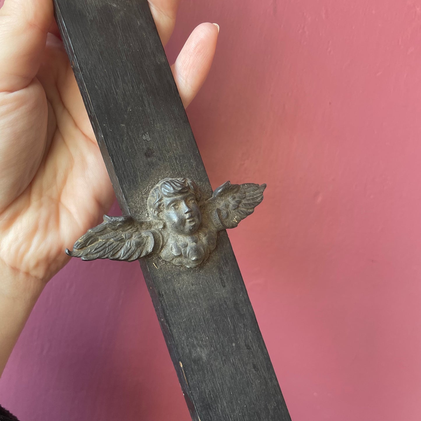 Antique Black Wood Crucifix with Cherub
