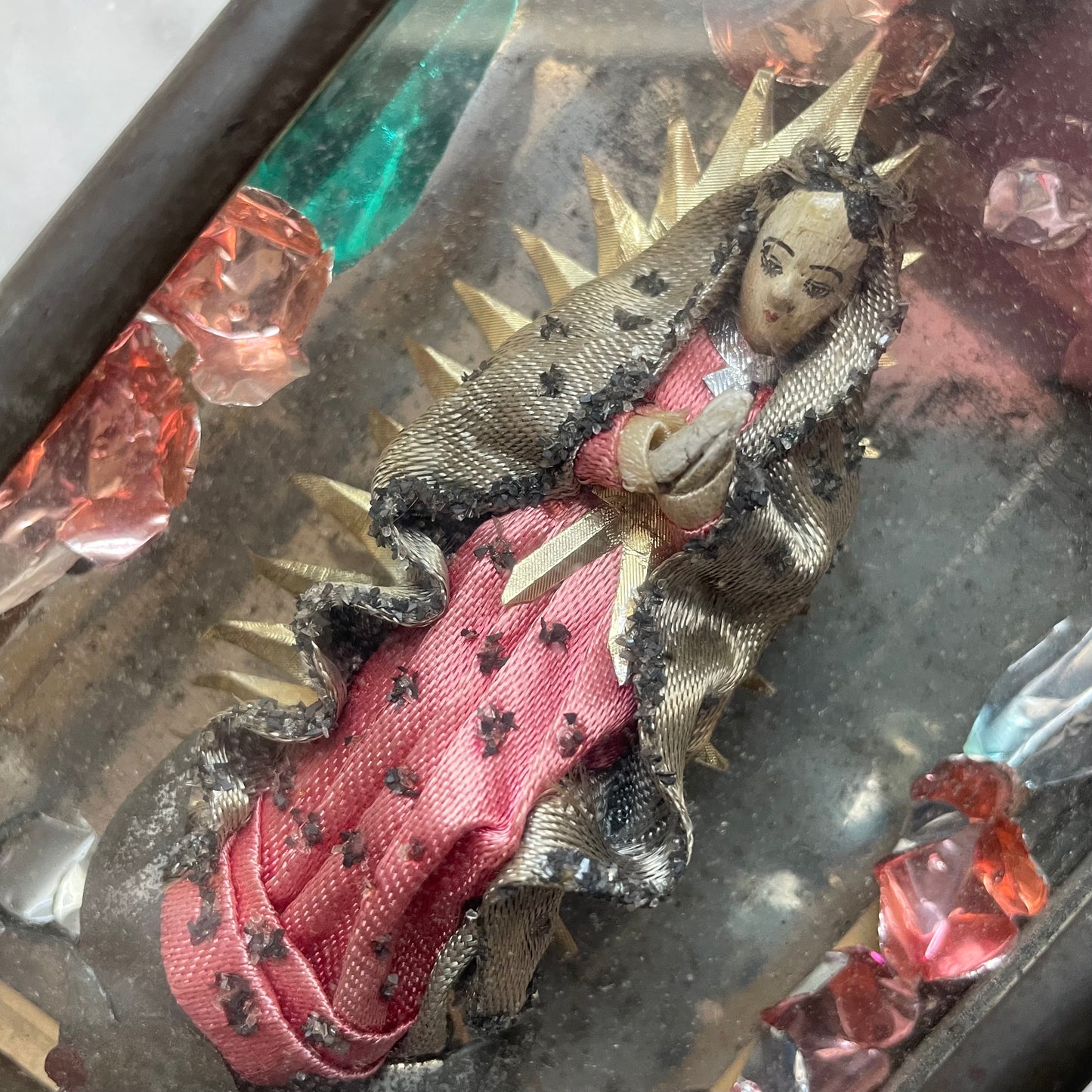 Antique Our Lady of Guadalupe Figure in Tin & Glass Nicho