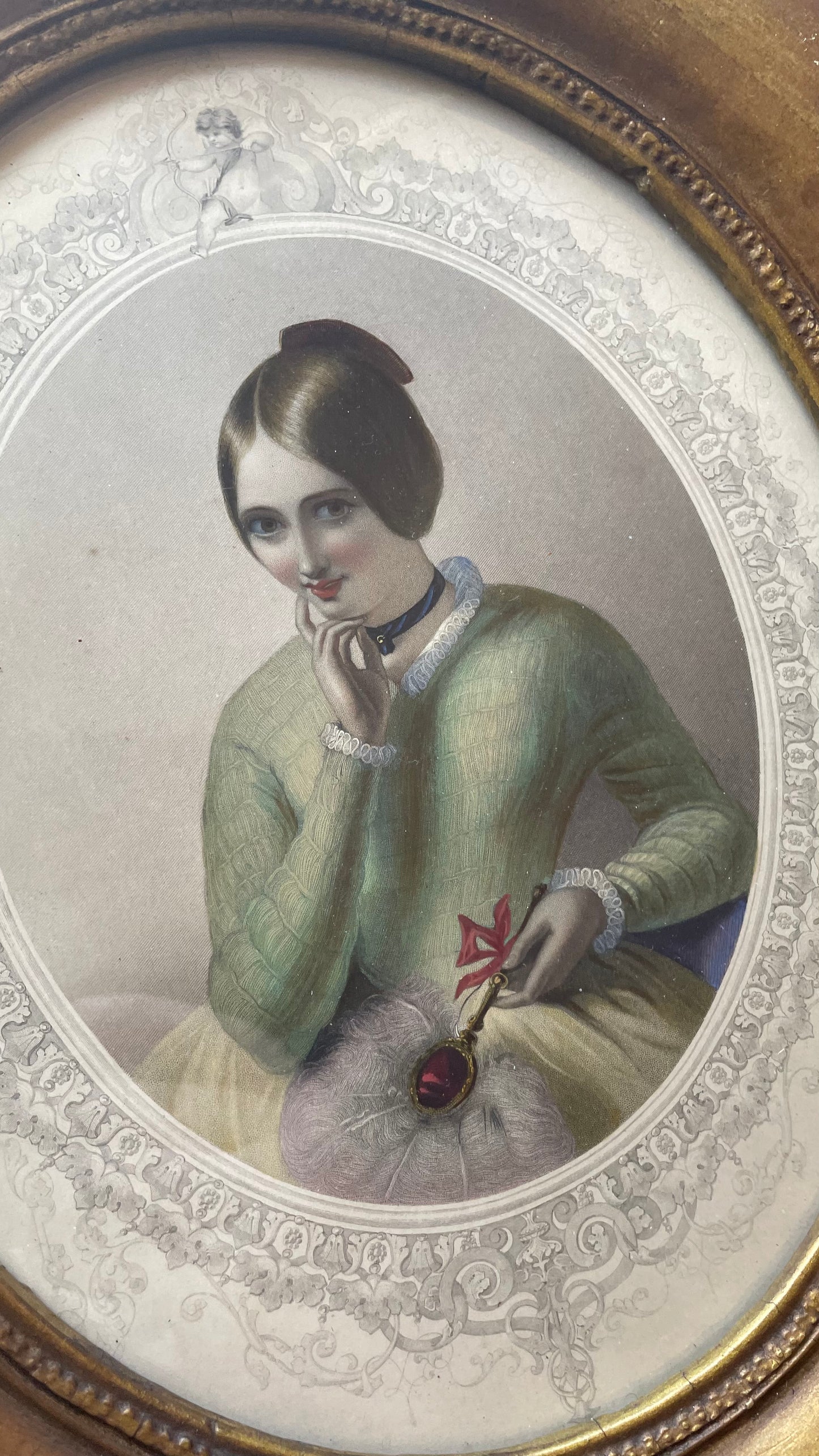 Victorian Hand Colored Print in Oval Frame