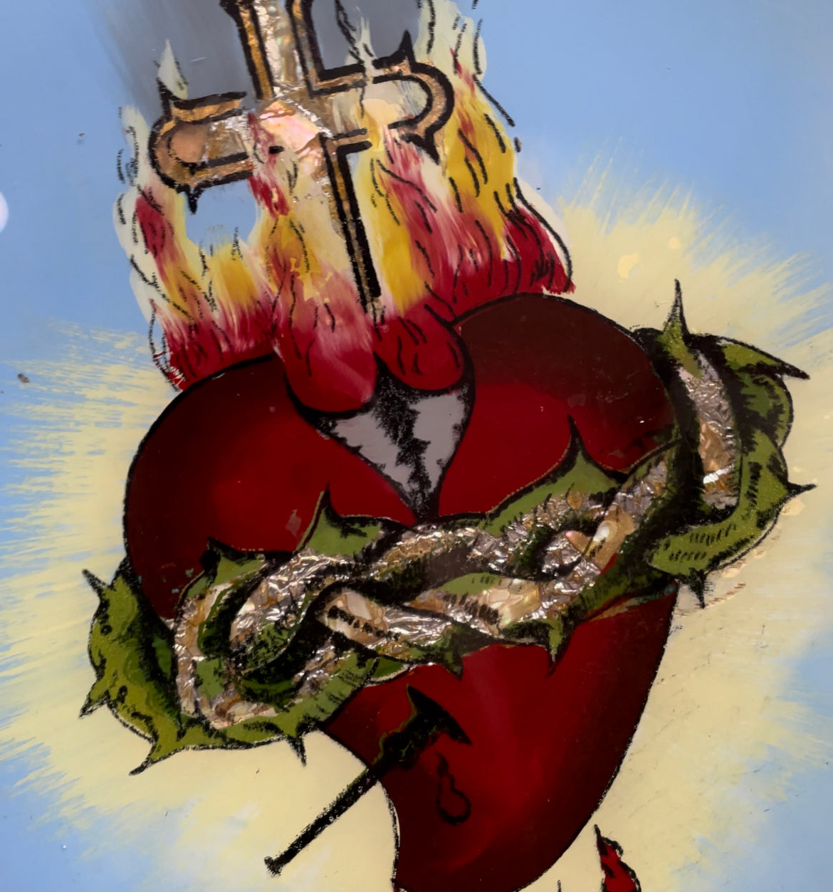 Antique Sacred Heart of Mary & Jesus | Reverse Glass Painting with Tinsel Foil