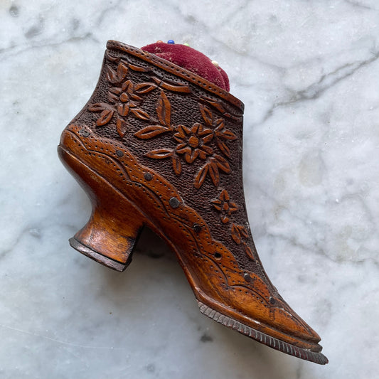 Antique Carved Wood Shoe Pincushion