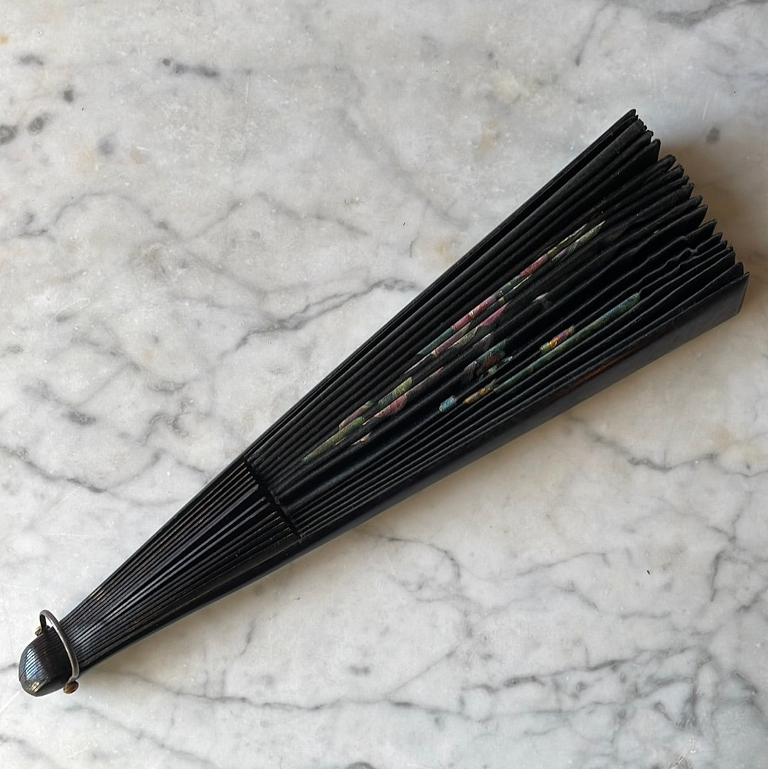 Victorian Hand Painted Black Silk Fan