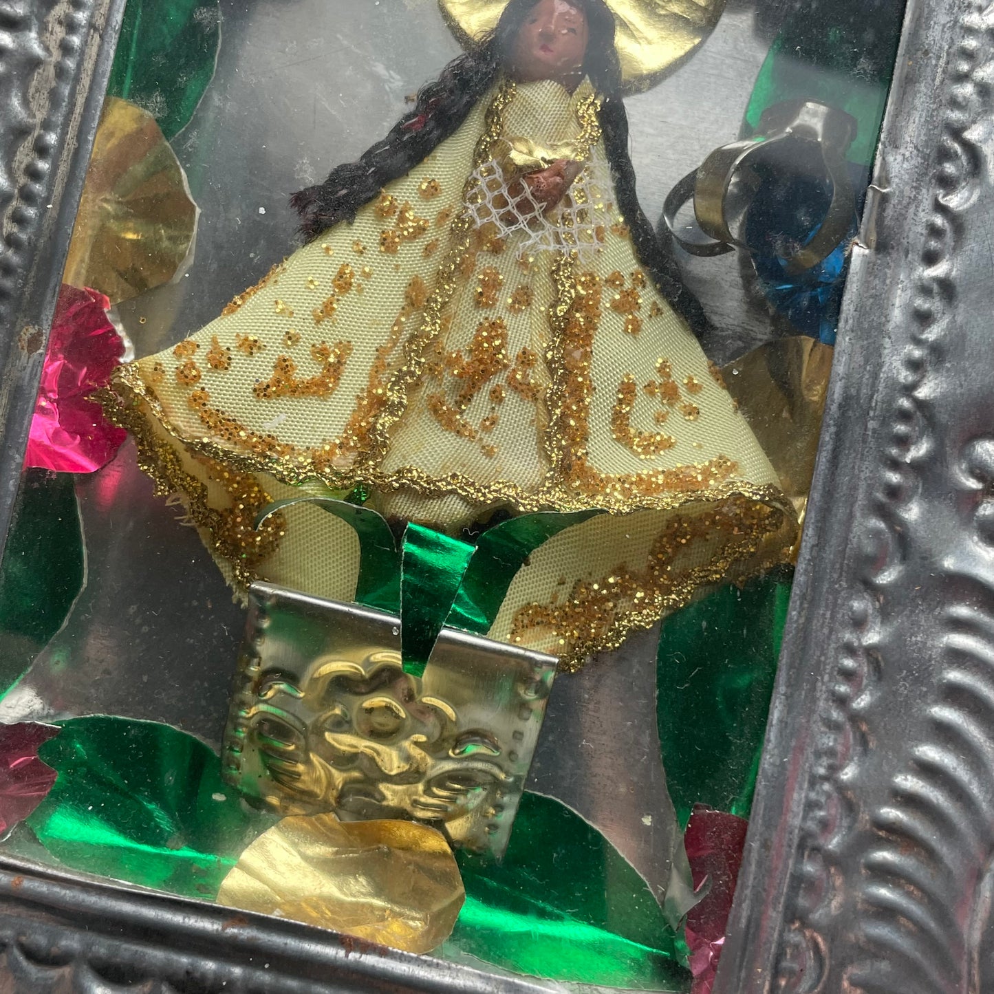 Vintage Mexican Madonna in Tin & Glass Nicho