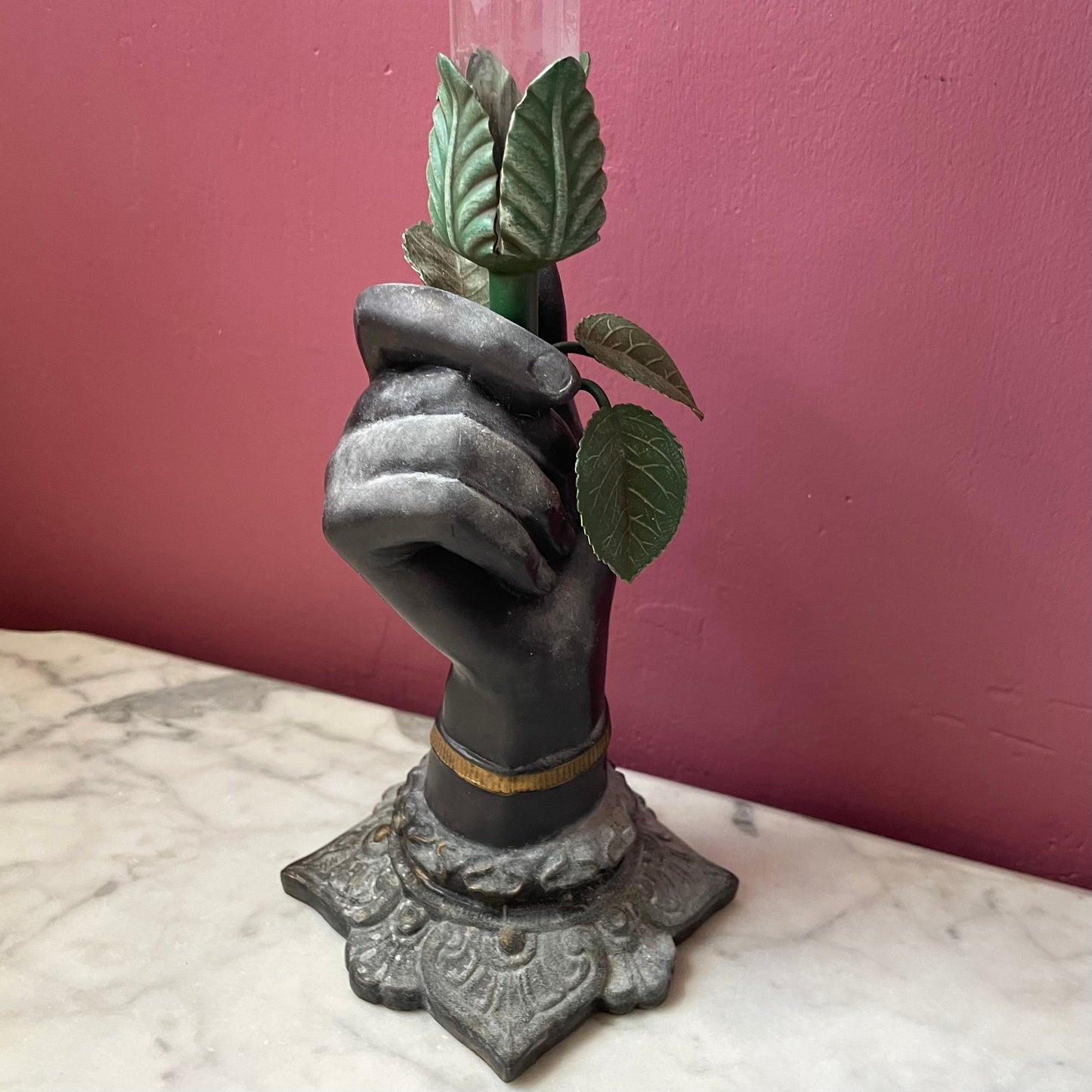 Victorian Revival Metal & Glass Hand Vase