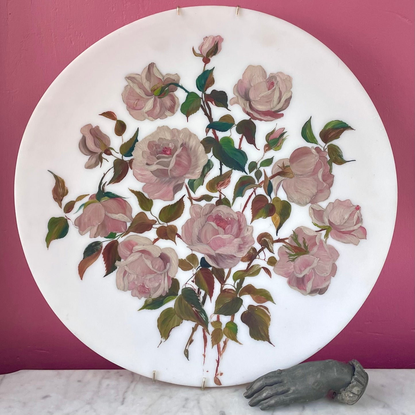Antique Floral Painting on Milk Glass Plate
