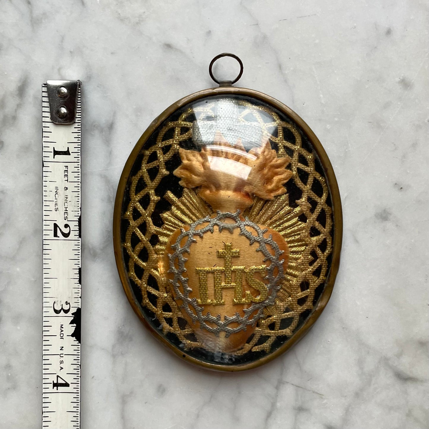 Antique Sacred Heart Embroidery under Glass | Cloister Work