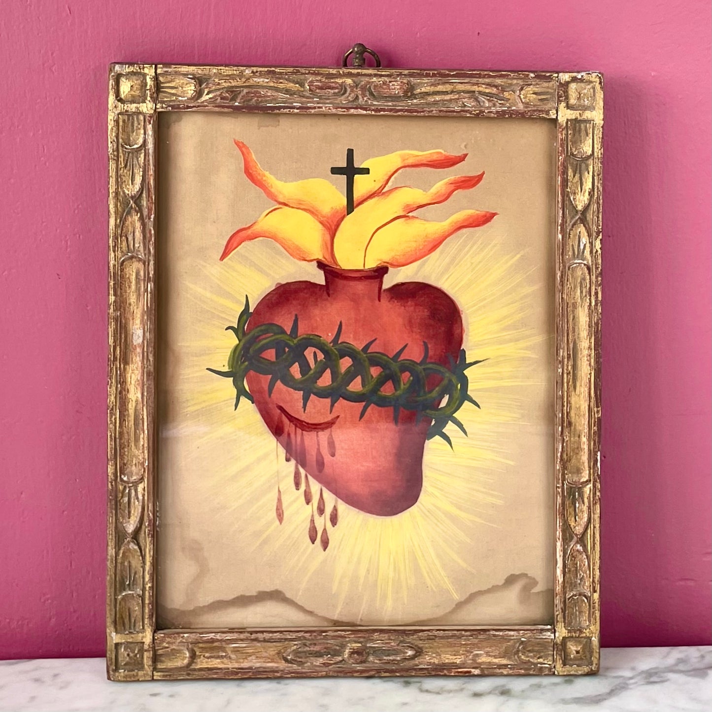 Antique Sacred Heart Painting