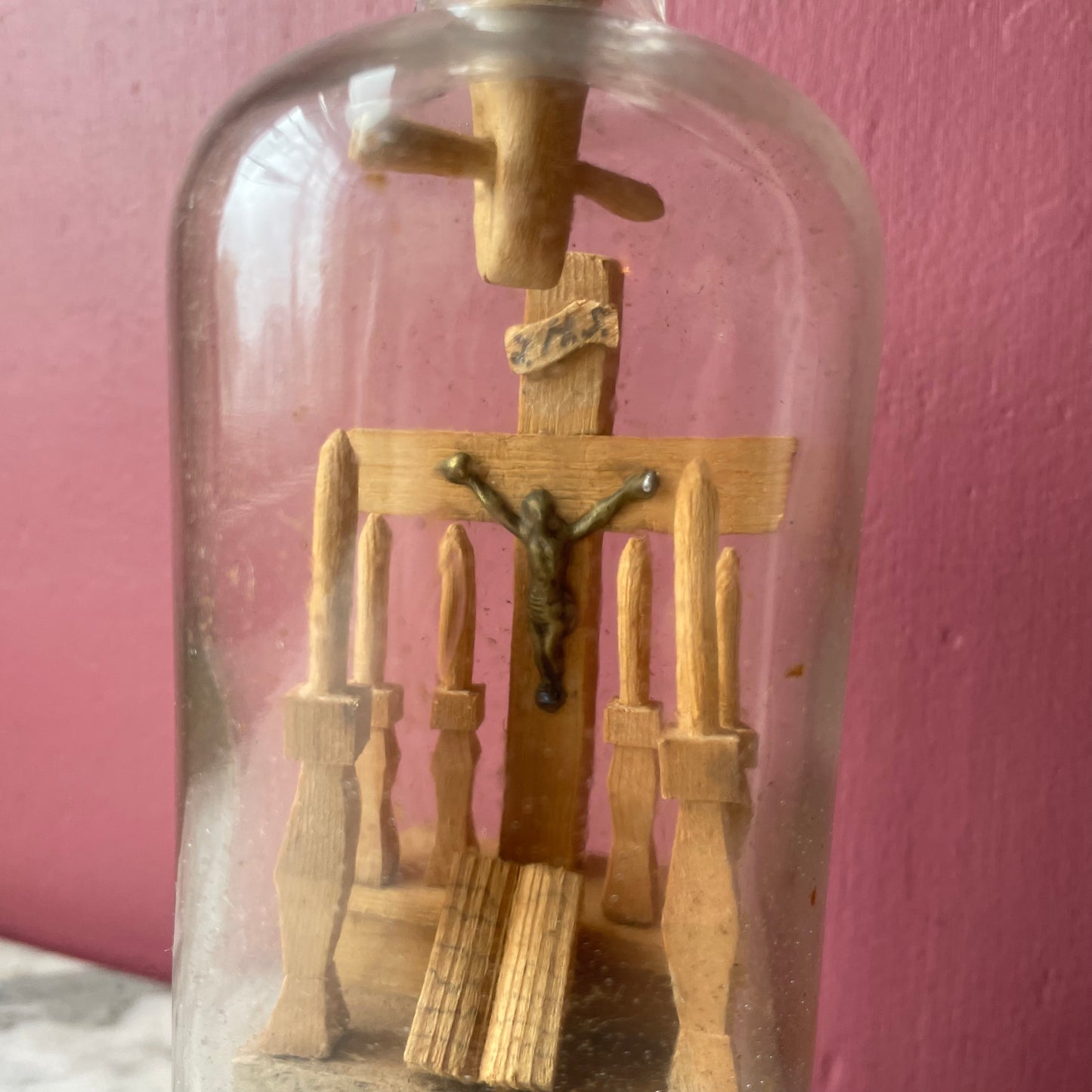 Antique Folk Art Bottle Assemblage with Crucifix on an Altar