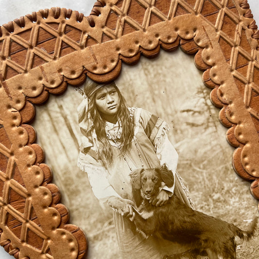 Antique RPPC of Native Girl with her Dog in Birch Bark Frame