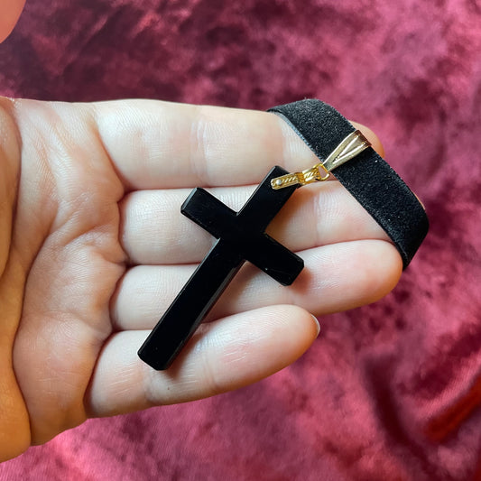 Antique French Jet Cross on Velvet Choker