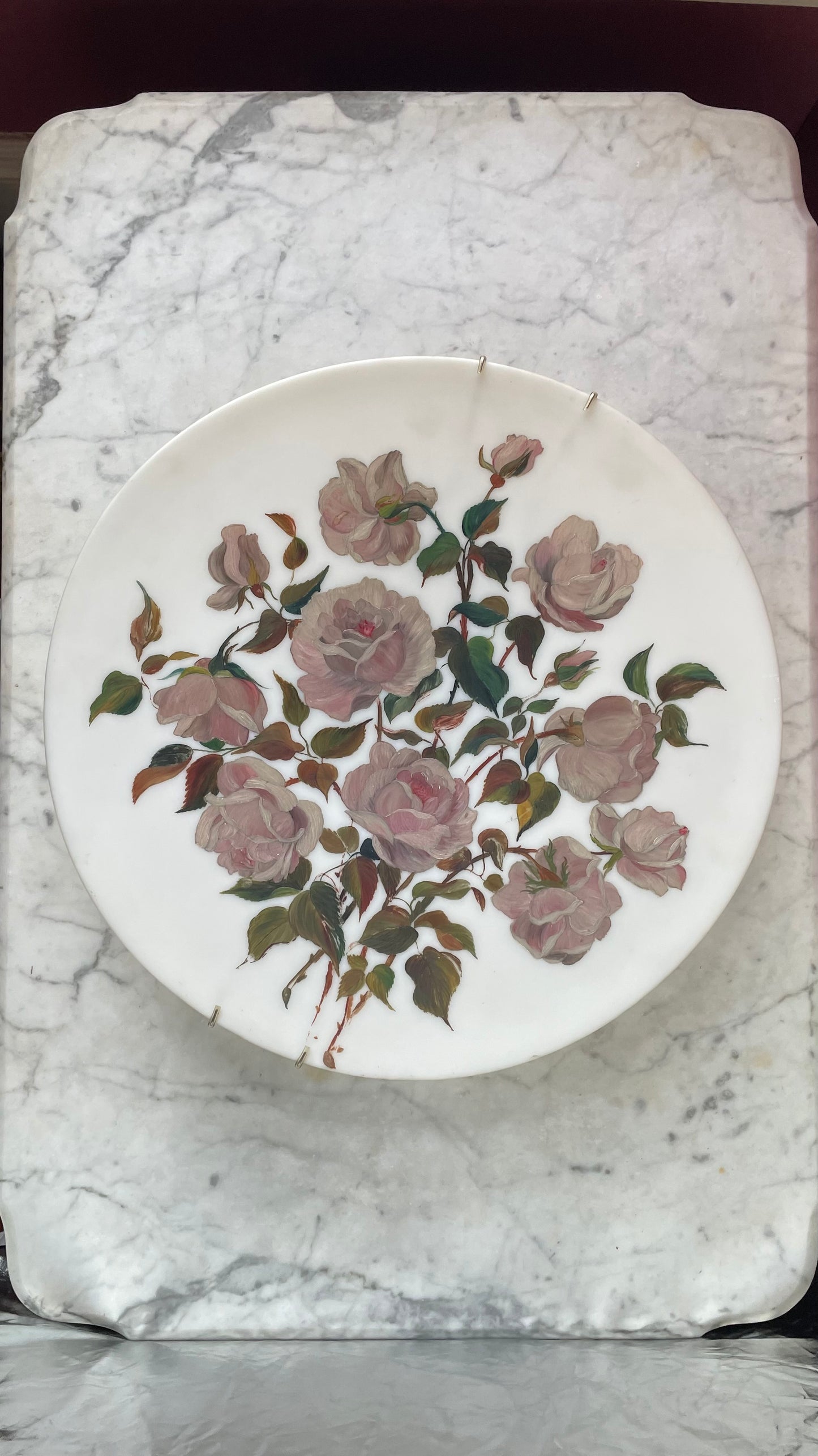 Antique Floral Painting on Milk Glass Plate