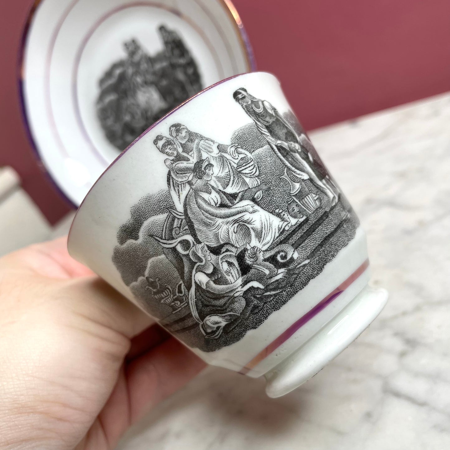 Early 19th c. Cup & Saucer with Unusual Classical Scene | Staffordshire with Pink Lustre