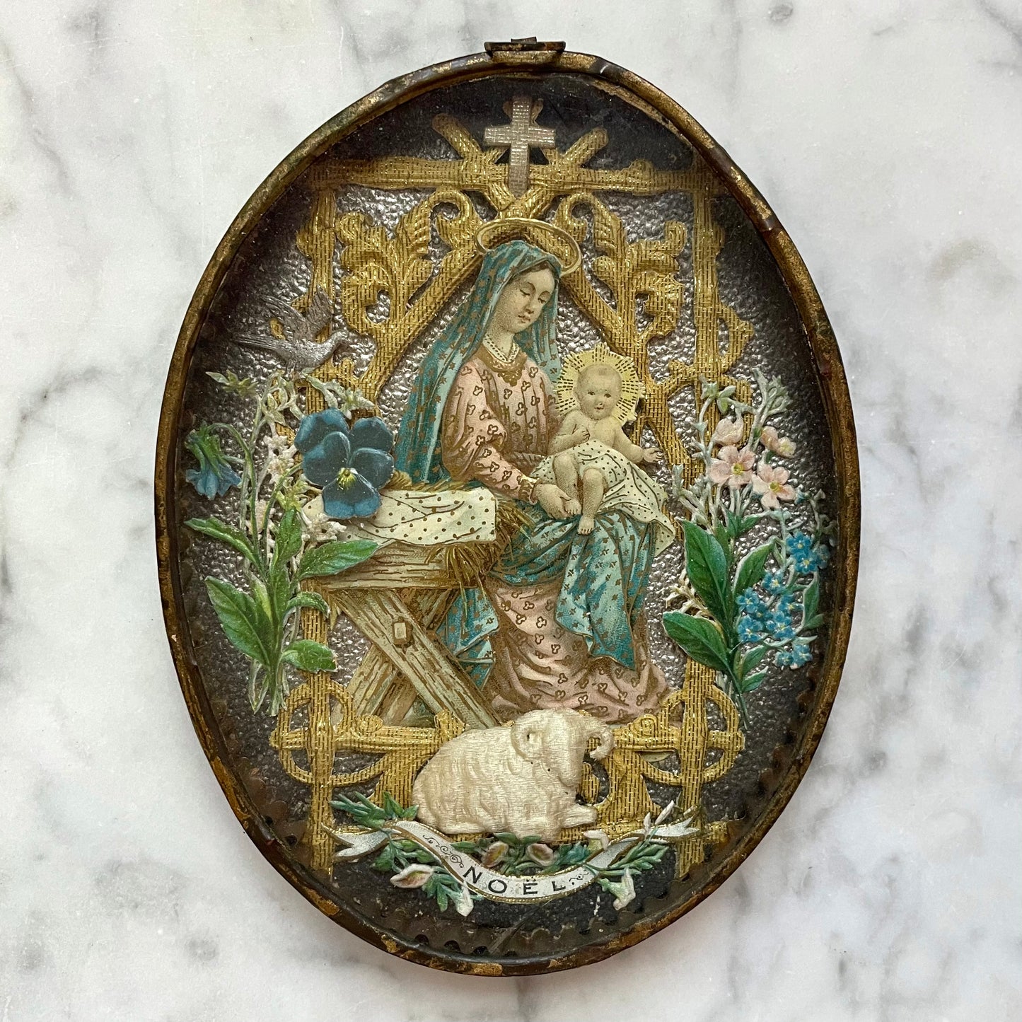Victorian Madonna & Child Ex Voto | Cloth & Paper Collage under Glass