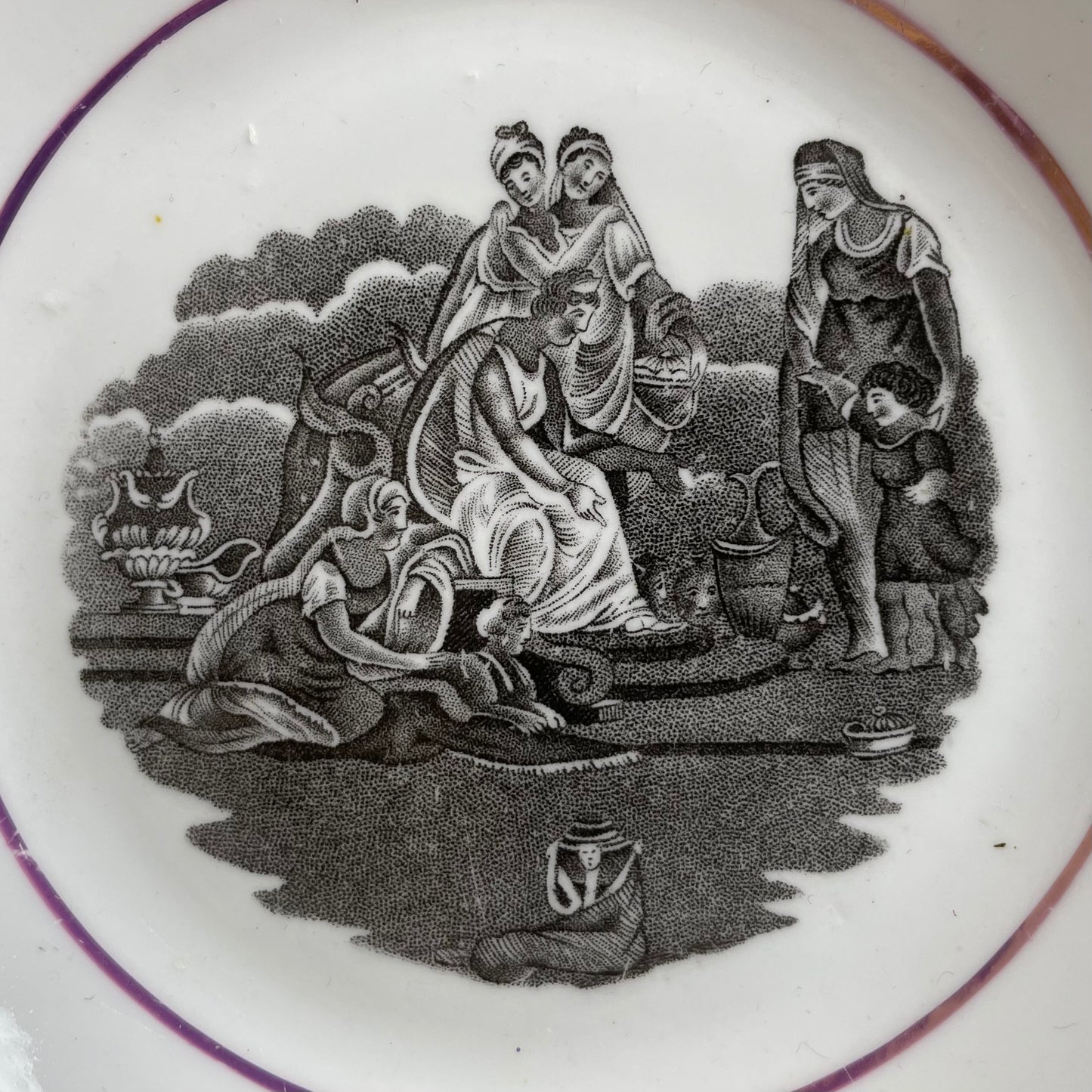 Early 19th c. Cup & Saucer with Unusual Classical Scene | Staffordshire with Pink Lustre
