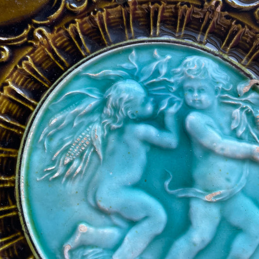 Victorian Majolica Plate with Putti & Foliage