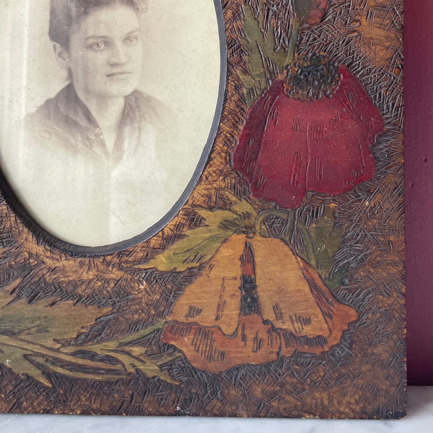 Antique Poppy Pyrography Frame