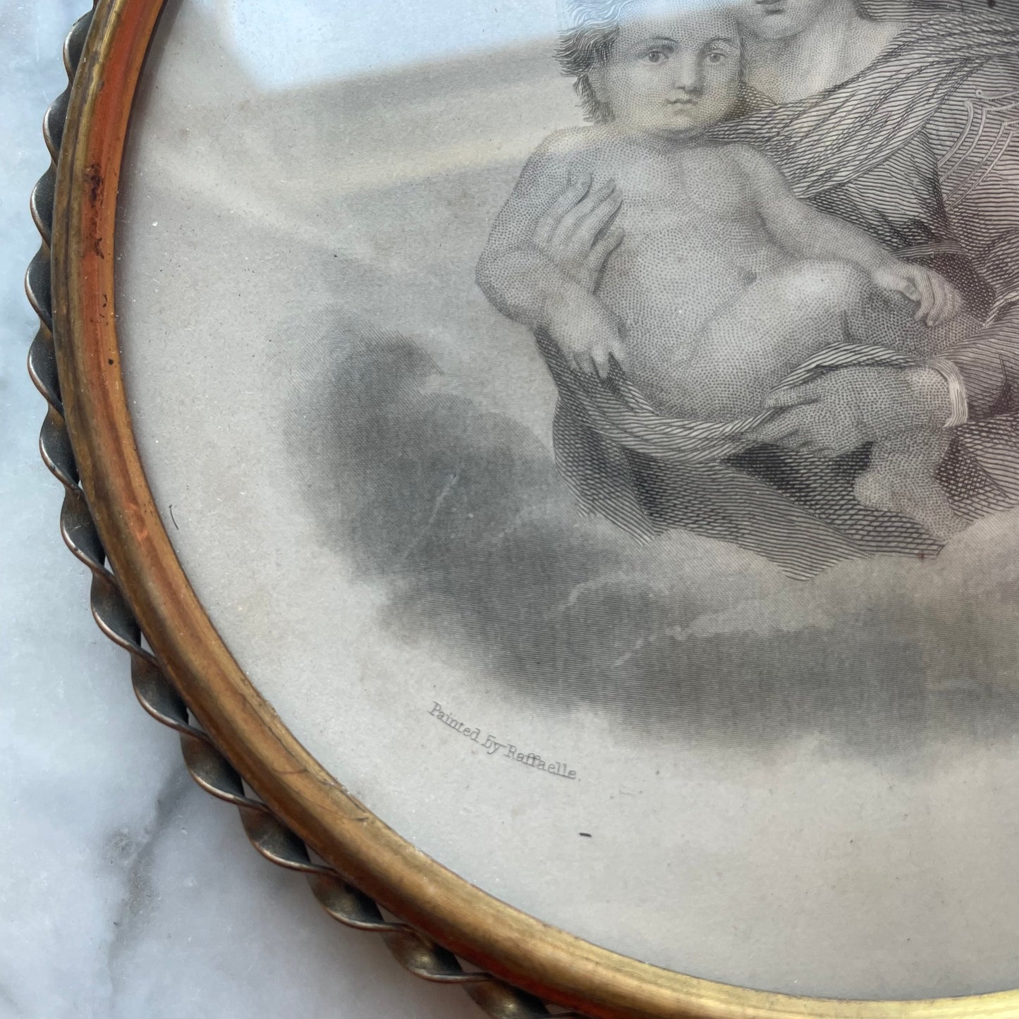Victorian Sistine Madonna Engraving after Raphael in Brass Frame