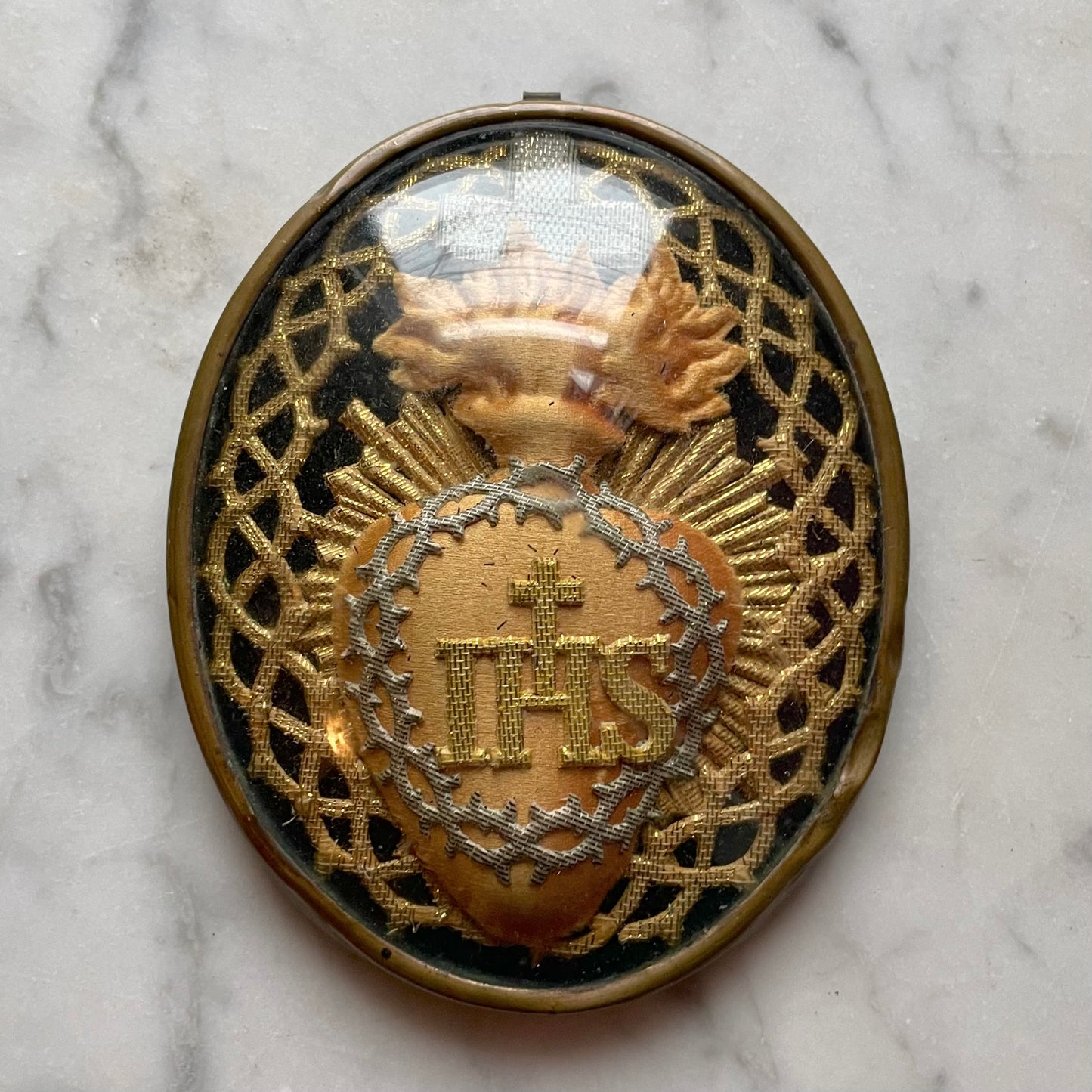 Antique Sacred Heart Embroidery under Glass | Cloister Work