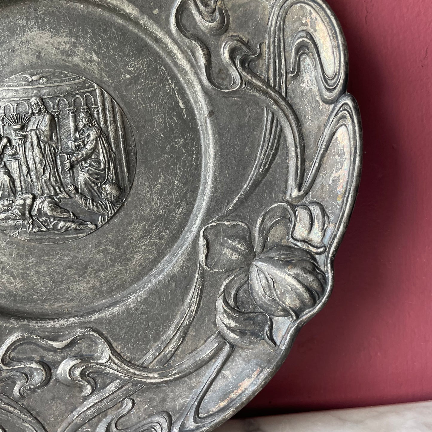 Antique Religious Plate with Art Nouveau Border