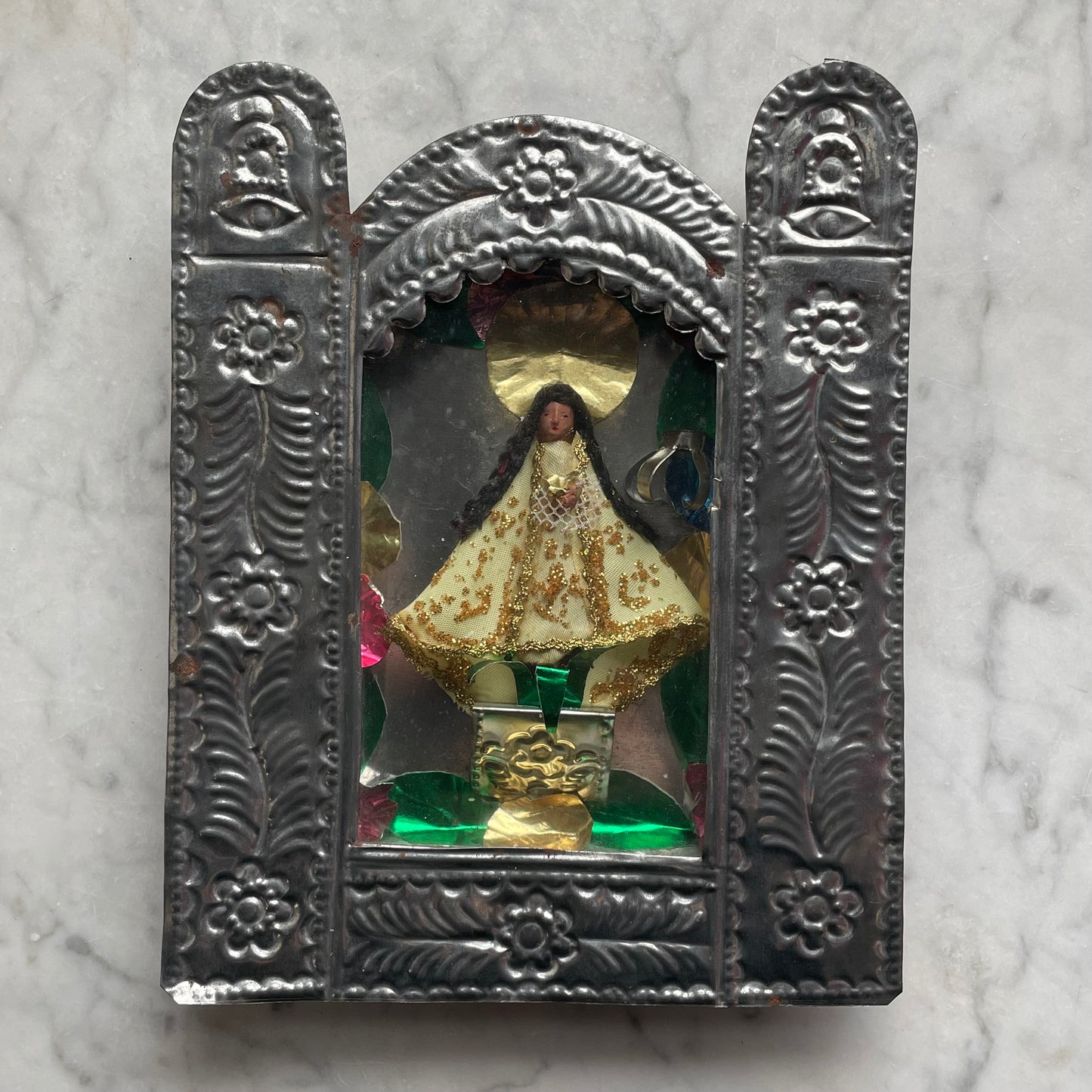 Vintage Mexican Madonna in Tin & Glass Nicho