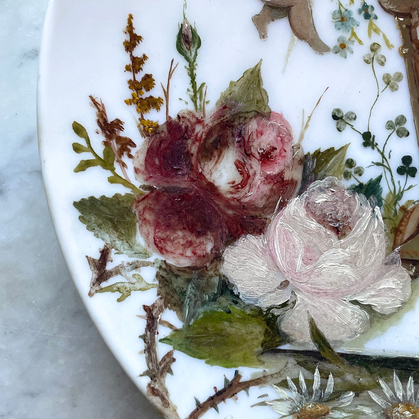 Victorian Milk Glass Plate with Cupid & Love Letter