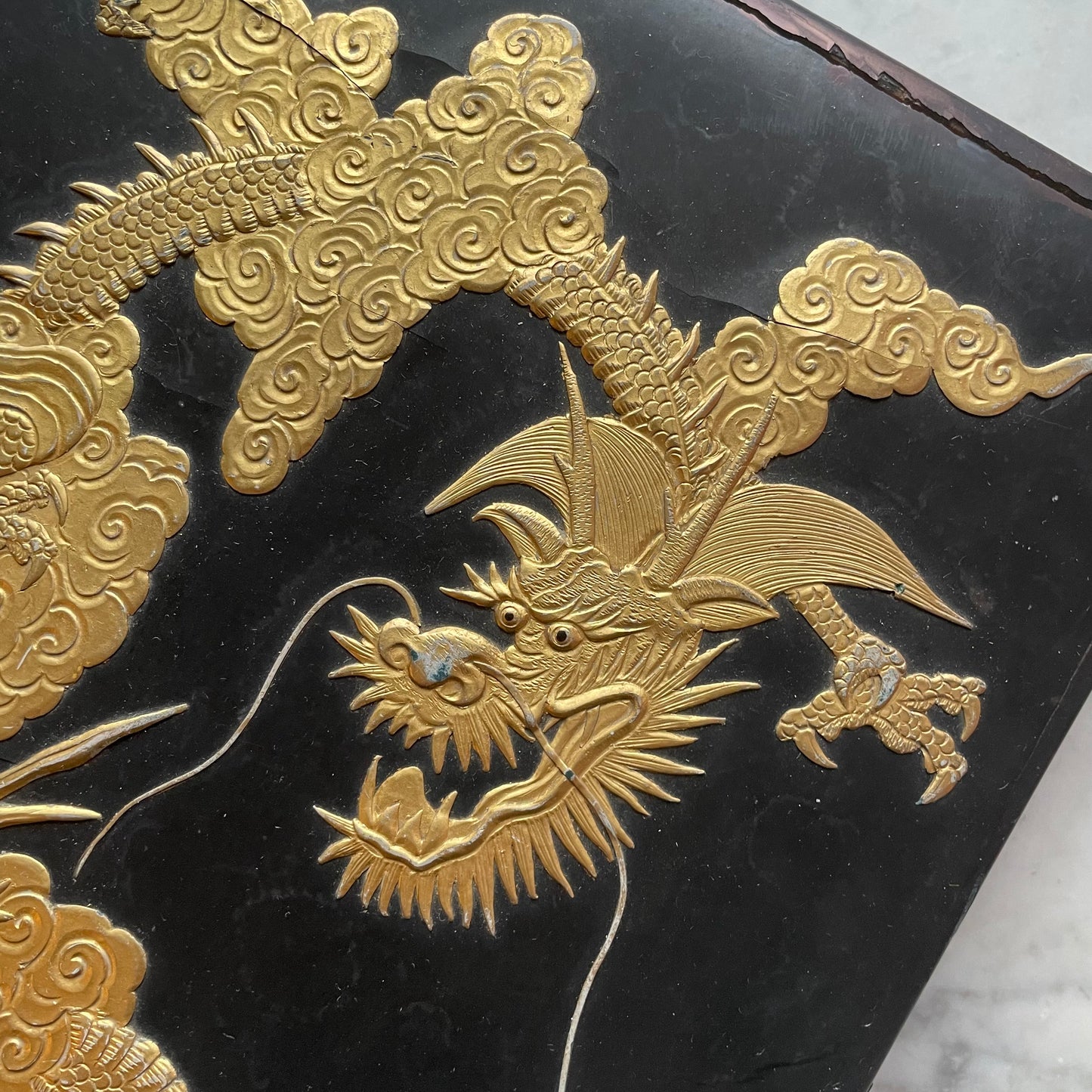 Antique Chinese Black Lacquer Box with Gold Dragon