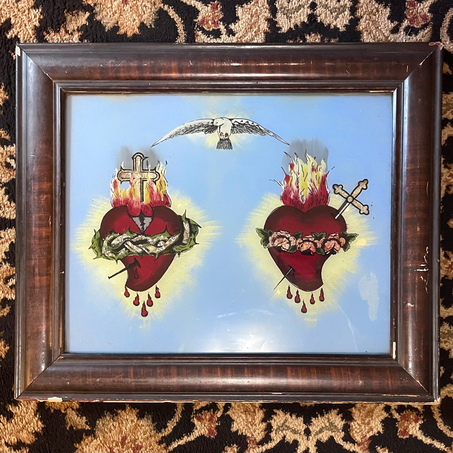 Antique Sacred Heart of Mary & Jesus | Reverse Glass Painting with Tinsel Foil