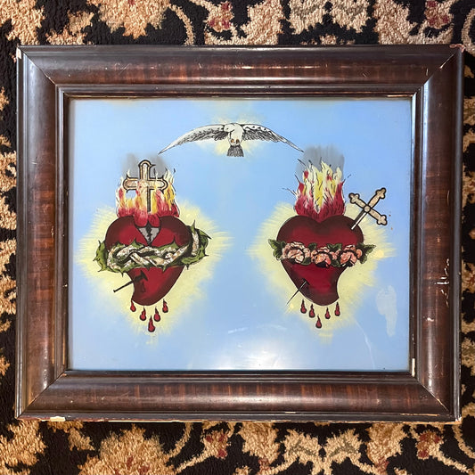 Antique Sacred Heart of Mary & Jesus | Reverse Glass Painting with Tinsel Foil