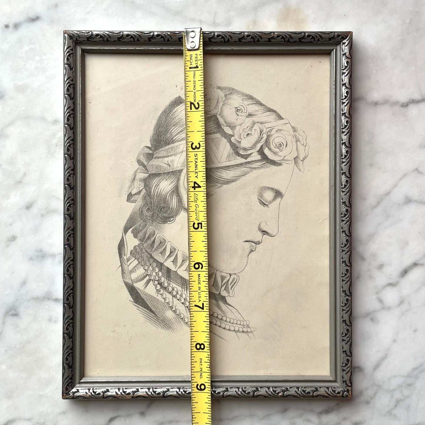 Crowned with Flowers | Antique Pencil Sketch