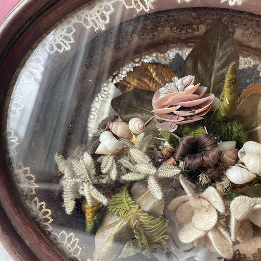 Victorian Floral Shadow Box with Hair, Wool, and Shell Work