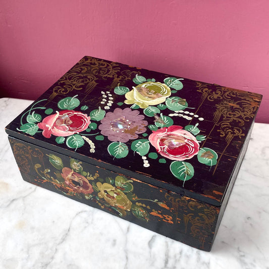 Victorian Floral Painted Box with Mother of Pearl