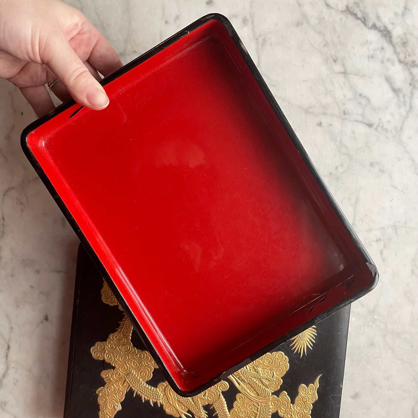 Antique Chinese Black Lacquer Box with Gold Dragon