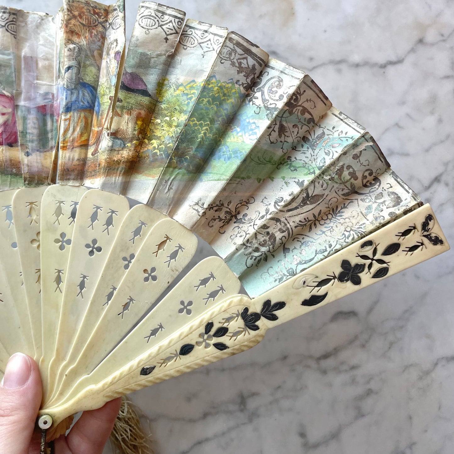Victorian Pierced Bone Fan with Hand Colored Leaves