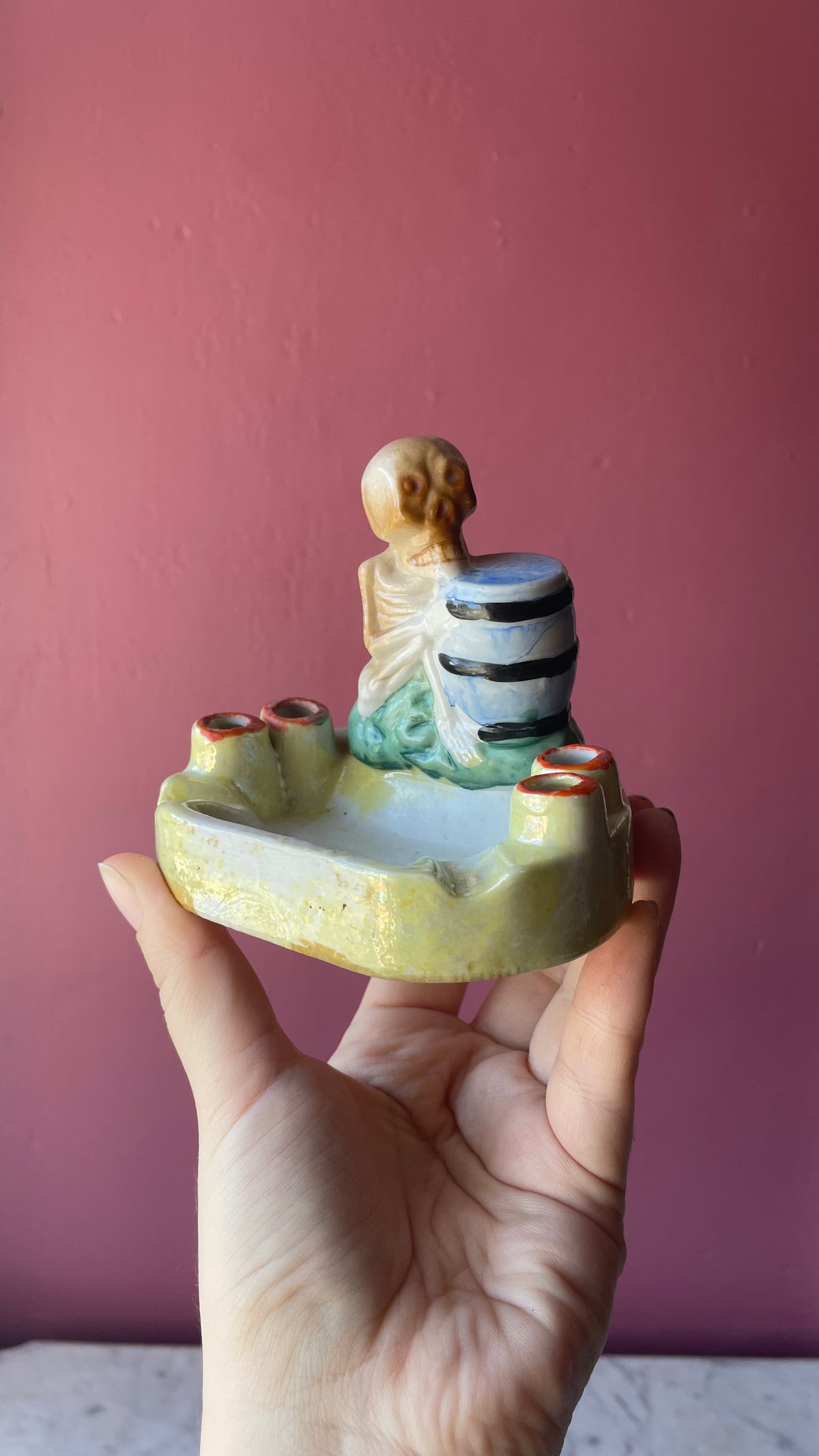 Vintage Skeleton Ashtray and Cigarette Holder