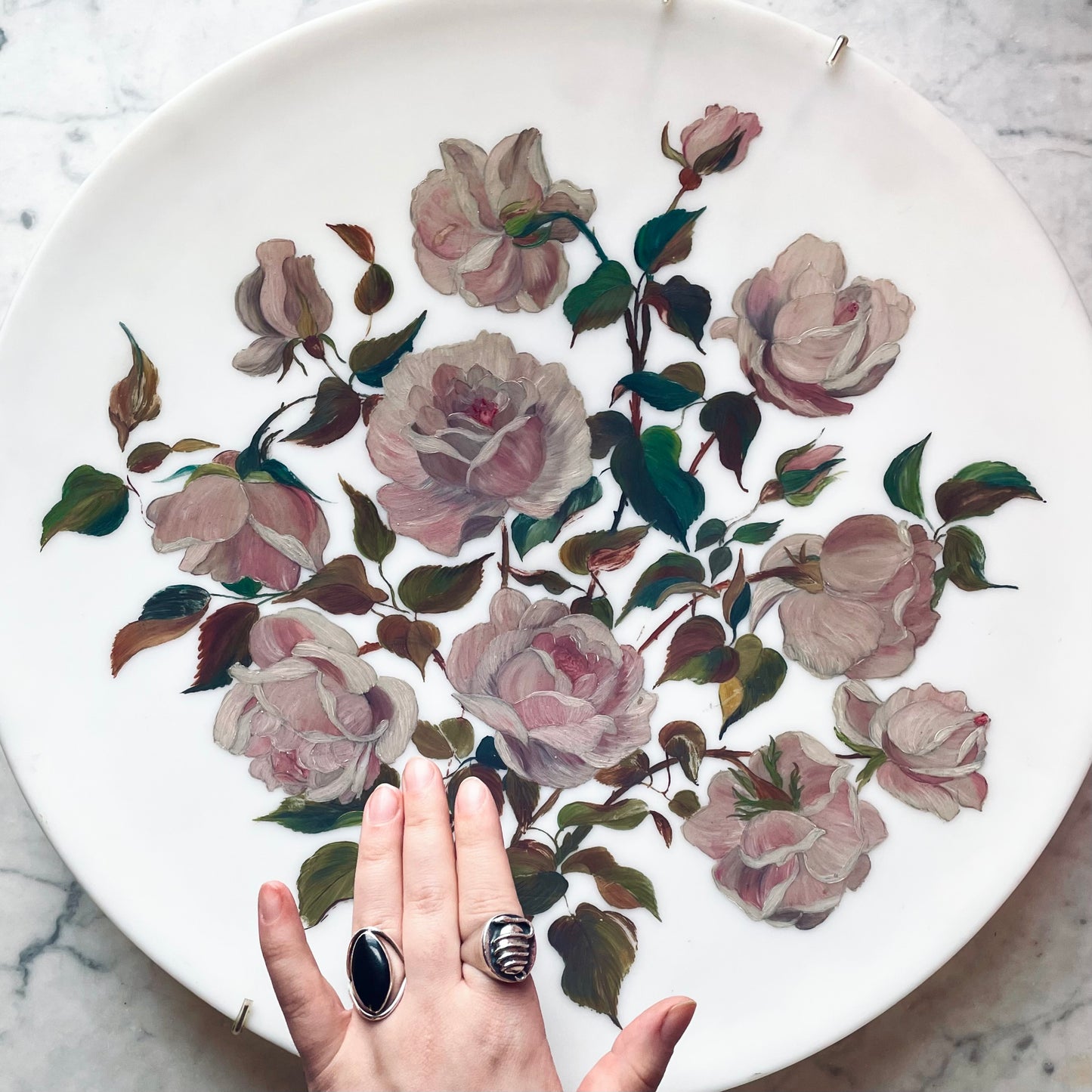 Antique Floral Painting on Milk Glass Plate